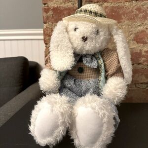 Adorable Stuffed White Bunny Wearing Bowtie Hat 20 Inches